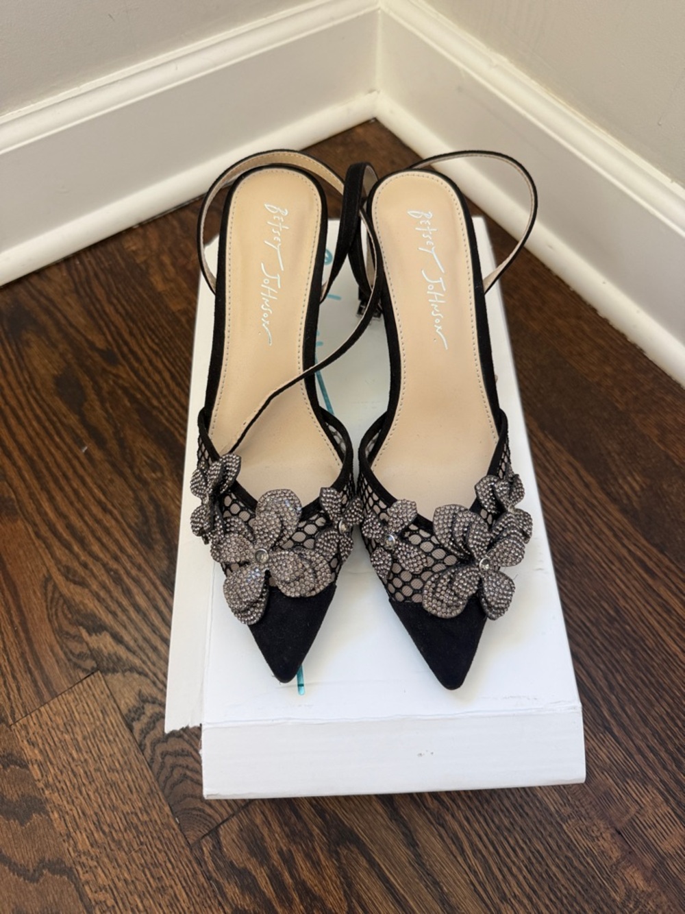 Betsey Johnson Black Pointed Slingbacks with Crystal Floral Appliqués